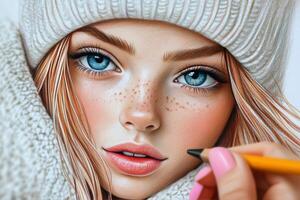 A detailed portrait of a woman with a winter hat and scarf being drawn with colored pencils photo
