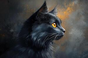 A striking black cat gazes thoughtfully into the distance against a dramatic backdrop photo