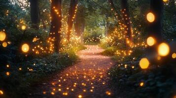 Serene winding path illuminated by fairy lights in a tranquil forest during twilight hours photo