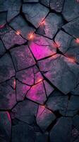 Cracked surface with glowing purple light in a dark environment at night photo