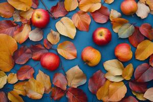 Colorful autumn apples surrounded by vibrant leaves on a textured blue surface in natural light photo