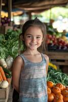 Young girl smiling among fresh vegetables at a vibrant farmers market on a sunny day photo