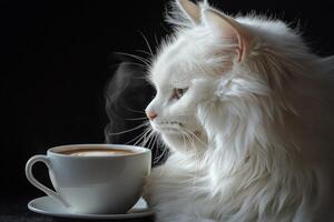 A white fluffy cat sitting next to a steaming cup of coffee on a dark background in a cozy setting photo