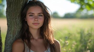 Young woman standing by a tree in a sunny meadow during a warm afternoon photo