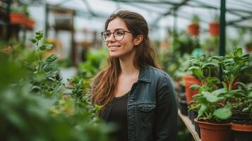 Young woman tending to plants in a vibrant greenhouse on a sunny day photo