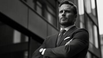 Stylishly dressed businessman stands confidently with arms crossed in a modern corporate setting photo