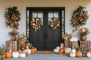 A beautifully decorated entrance with pumpkins and autumn foliage in a seasonal display photo