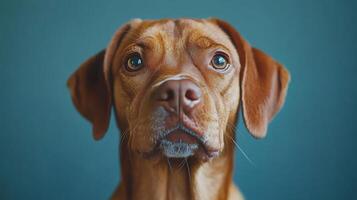 A bronze dog with bright eyes posing against a vibrant blue background in a studio setting photo