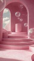 Bright pink interior with floating bubbles and sunlight streaming through a window photo
