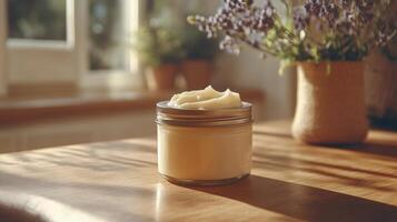 Whipped cream in a glass jar on an aged wooden table photo