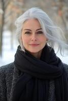 A woman with elegant gray hair wearing a black scarf poses against a neutral background photo