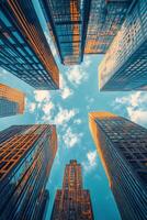 Skyscrapers reaching for the blue sky in a vibrant urban landscape during daylight hours photo