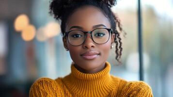 A woman with glasses smiles warmly while wearing a cozy yellow sweater in a casual setting photo