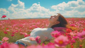 Young woman relaxing in a field of pink flowers under a bright blue sky on a sunny day photo