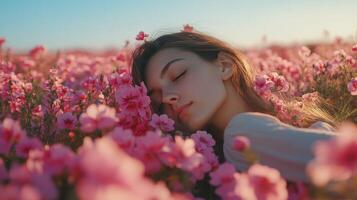 Young woman relaxing in a field of pink flowers under a bright blue sky on a sunny day photo