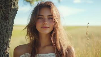 Young woman standing by a tree in a sunny meadow during a warm afternoon photo