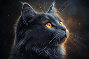 A striking black cat gazes thoughtfully into the distance against a dramatic backdrop photo