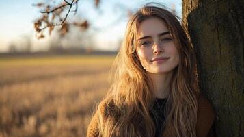 Young woman standing by a tree in a sunny meadow during a warm afternoon photo