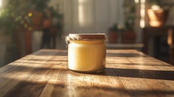 Whipped cream in a glass jar on an aged wooden table photo
