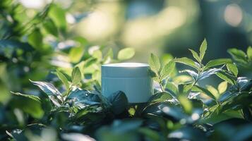 Natural skincare product placed among vibrant green leaves in a tranquil outdoor setting photo