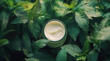 Natural skincare product placed among vibrant green leaves in a tranquil outdoor setting photo
