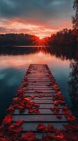 Autumn sunset reflects on calm lake with wooden dock covered in red leaves photo