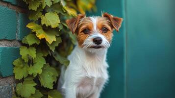 A small dog stands next to a vibrant turquoise wall surrounded by greenery in bright sunlight photo