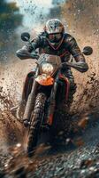 Motocross rider navigating a muddy trail in a forest area during a cloudy day photo