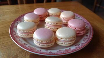 Delicate pink macarons arranged on a plate ready for serving on a wooden table photo