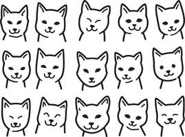 A collection of 15 simple black and white line drawings of cat faces vector
