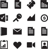 Black and white icons representing various business and documentrelated concepts, including files, checkmarks, search, graphs, money, notebooks, mail, and more vector