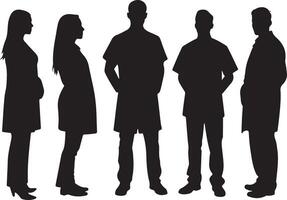 A black and white image depicting four silhouettes of people standing in a row vector