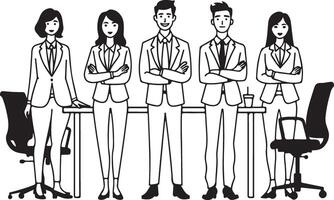 A group of four business professionals stand around a table with their arms crossed, suggesting a meeting or a moment of discussion. vector