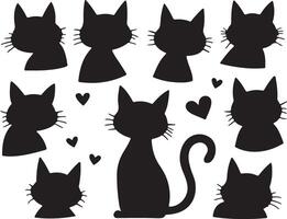 An illustration featuring nine black cat silhouettes in various poses, including a cat with a curled tail, and scattered hearts vector