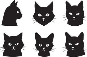 Six black cat silhouettes in different poses, including a side profile, a front facing pose with whiskers, and a variety of head tilts. vector