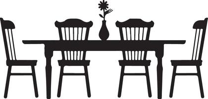 A simple black silhouette of a dining table with four chairs, a vase with a flower on the table. vector