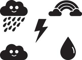 A set of black and white weather icons, including a smiling cloud with rain, a lightning bolt, a water drop, and a smiling cloud with a rainbow above it. vector