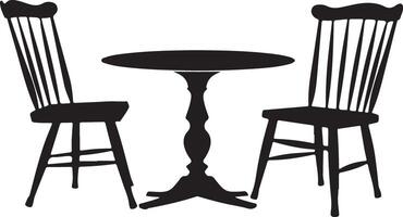 A black and white silhouette of a round table with two chairs on either side vector