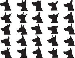 The image showcases 25 black silhouettes of dog heads in profile view, arranged in five rows of five, all facing the right. The silhouettes are simple and clean. vector