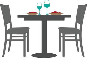 A minimalist illustration of a table setting with two chairs, two wine glasses, and two plates with red accents vector
