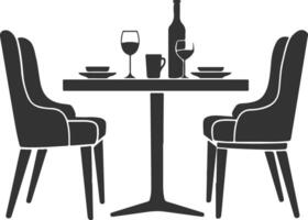 A black silhouette of a table set for two, featuring two chairs, plates, wine glasses, a bottle of wine, and a mug. The illustration is isolated on a white background. vector