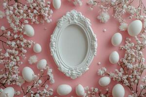 Elegant decorative arrangement of white eggs and blossoms on a pink background for spring photo