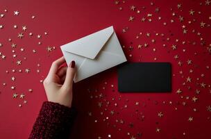 A hand holding a white envelope beside a black card on a red table with scattered glitter photo