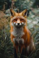 A vibrant red fox standing gracefully in the forest during autumn with colorful foliage nearby photo