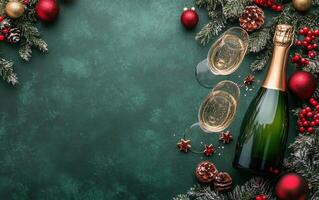 Enjoying the holidays with champagne, festive decor, and red berries on green photo