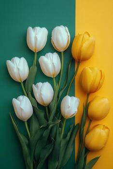 Fresco blanco y amarillo tulipanes arreglado en un vibrante amarillo y verde azulado antecedentes para primavera decoración foto
