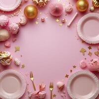 Festive table setting with pink plates and golden decorations for a celebration in a bright setting photo