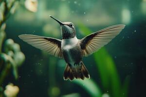 A hummingbird hovering gracefully among plants in a serene aquatic environment in daylight photo
