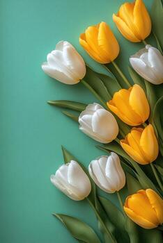Fresco blanco y amarillo tulipanes arreglado en un vibrante amarillo y verde azulado antecedentes para primavera decoración foto