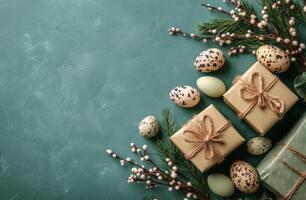 Decorative Easter gifts with speckled eggs and willow twigs on a teal background photo
